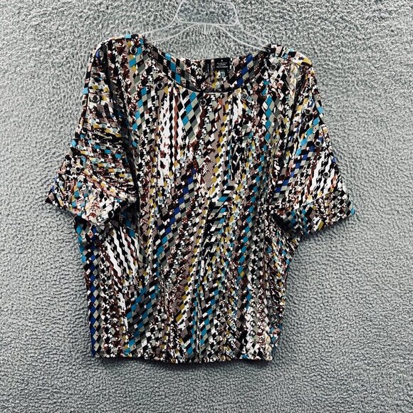 New Direction ND Women Top Small Brown Blue Geometric Short Sleeve Shirt Stretch - Picture 1 of 9